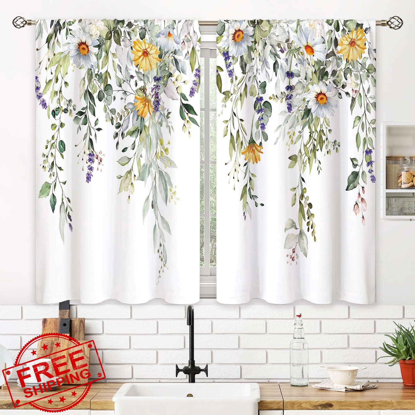 oolygoo Green White Yellow 26×36 Inch Kitchen Curtains