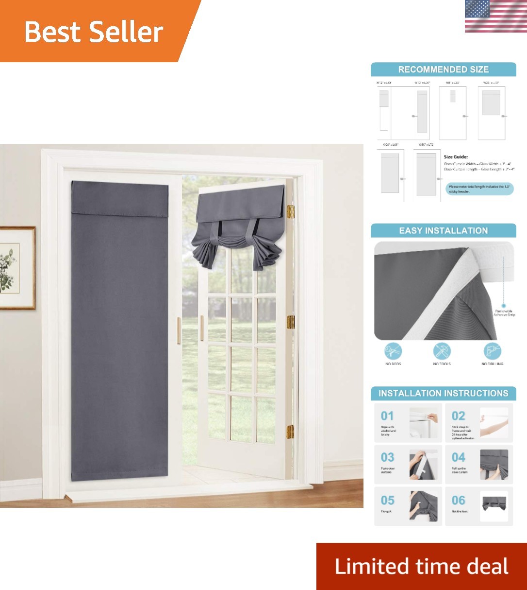 Self-Adhesive Grey Blackout Curtain – 100% Privacy, 26″ W x 69″ L, Modern Design