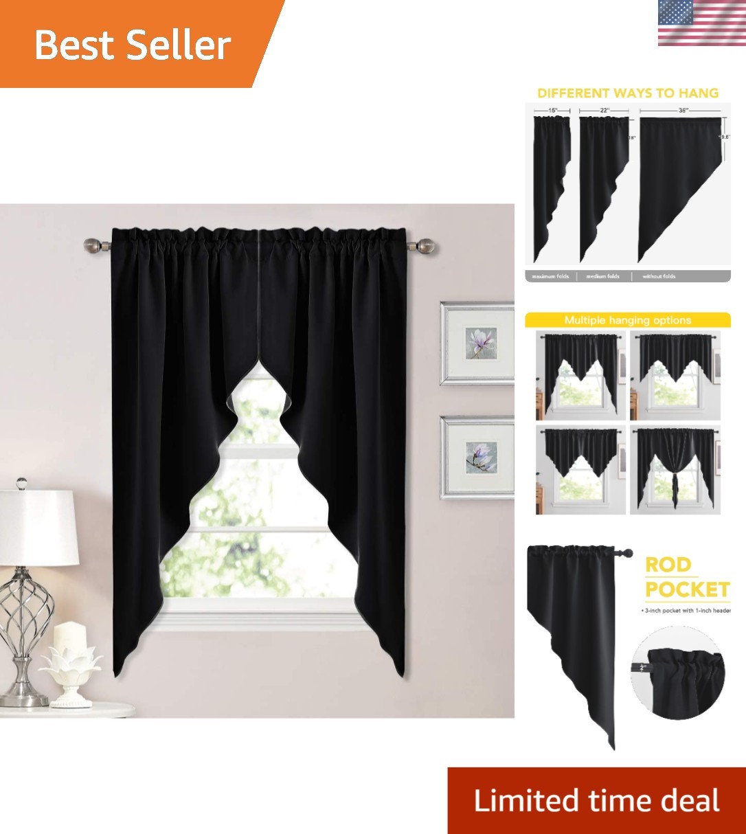 Black Swag Curtains for Living Room – 2 Panels, 36″ W x 63″ L, Blackout Design