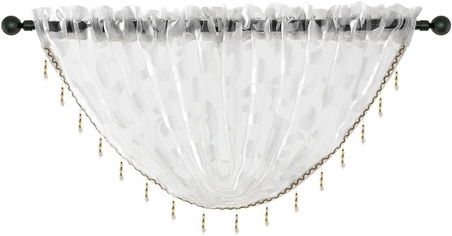 Elegant White Organza Waterfall Valance with Beaded Tassel Trim, 40 x 17 Inch