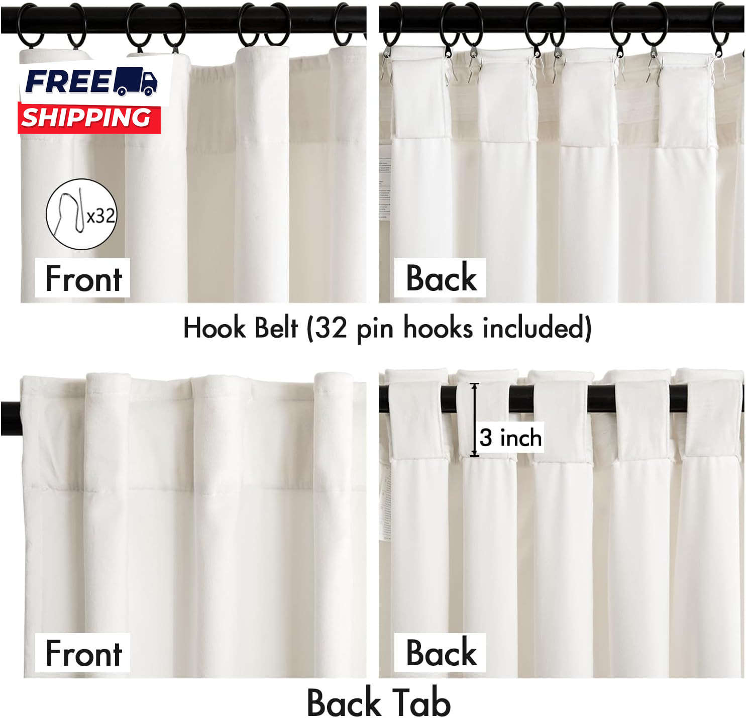 Velvet Curtains 104 Inches Long 2 Panels Set for Living Room Bedroom Cream