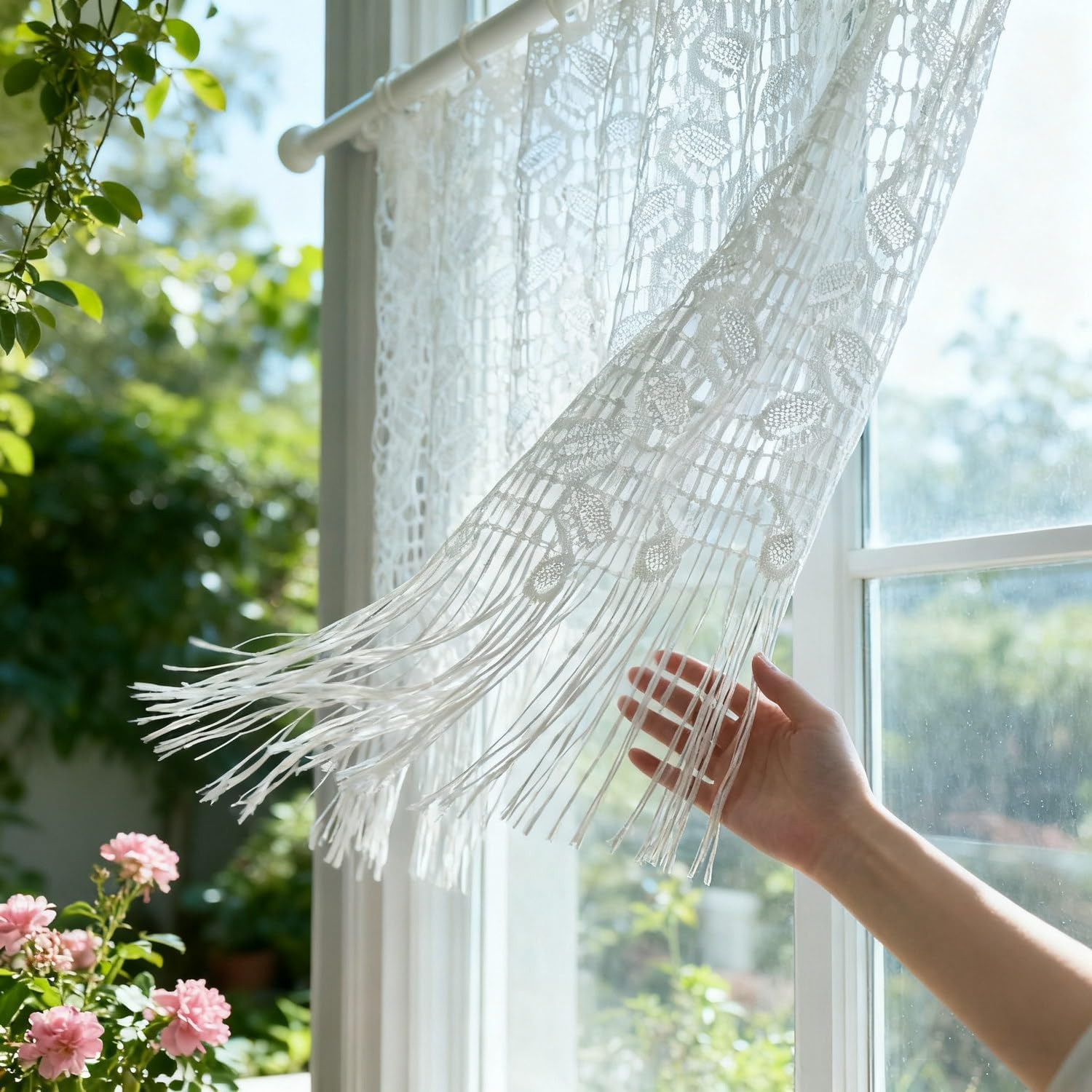 1 Panel White Lace Leaf Pattern Sheer Curtain Valance for Kitchen Small Window