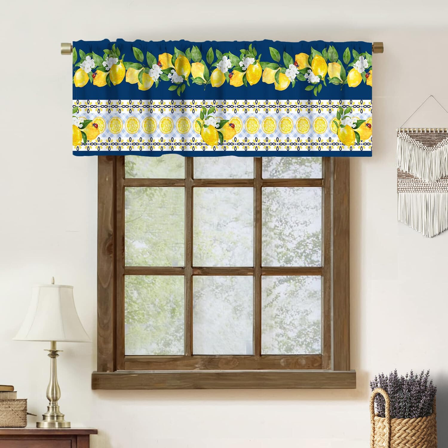 Lemon Valances Curtain,Watercolor Floral Lemon Texture Rustic Print Rod Pocket f
