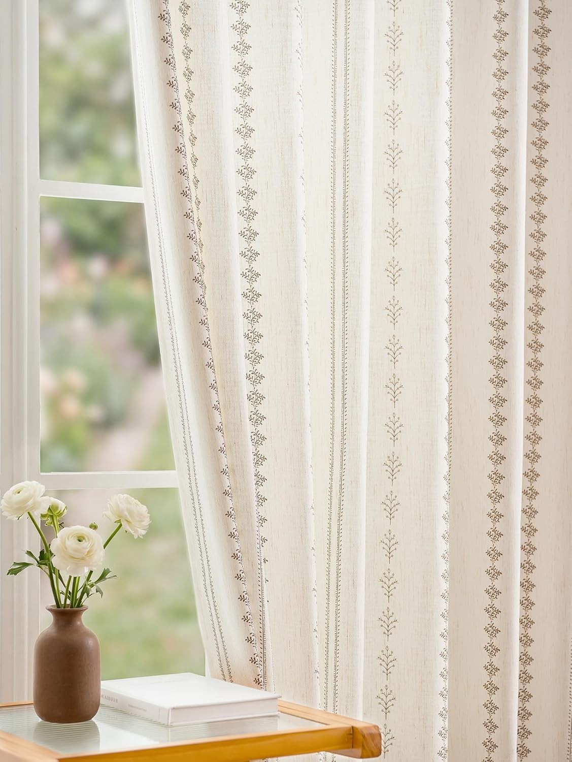 Pinch Pleated Taupe Floral Block Print Curtains 96 Inches Long, Vintage Boho