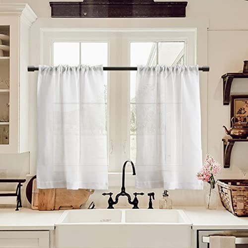 White Linen Kitchen Curtains 24 Inch Length Rustic Farmhouse Country Boho
