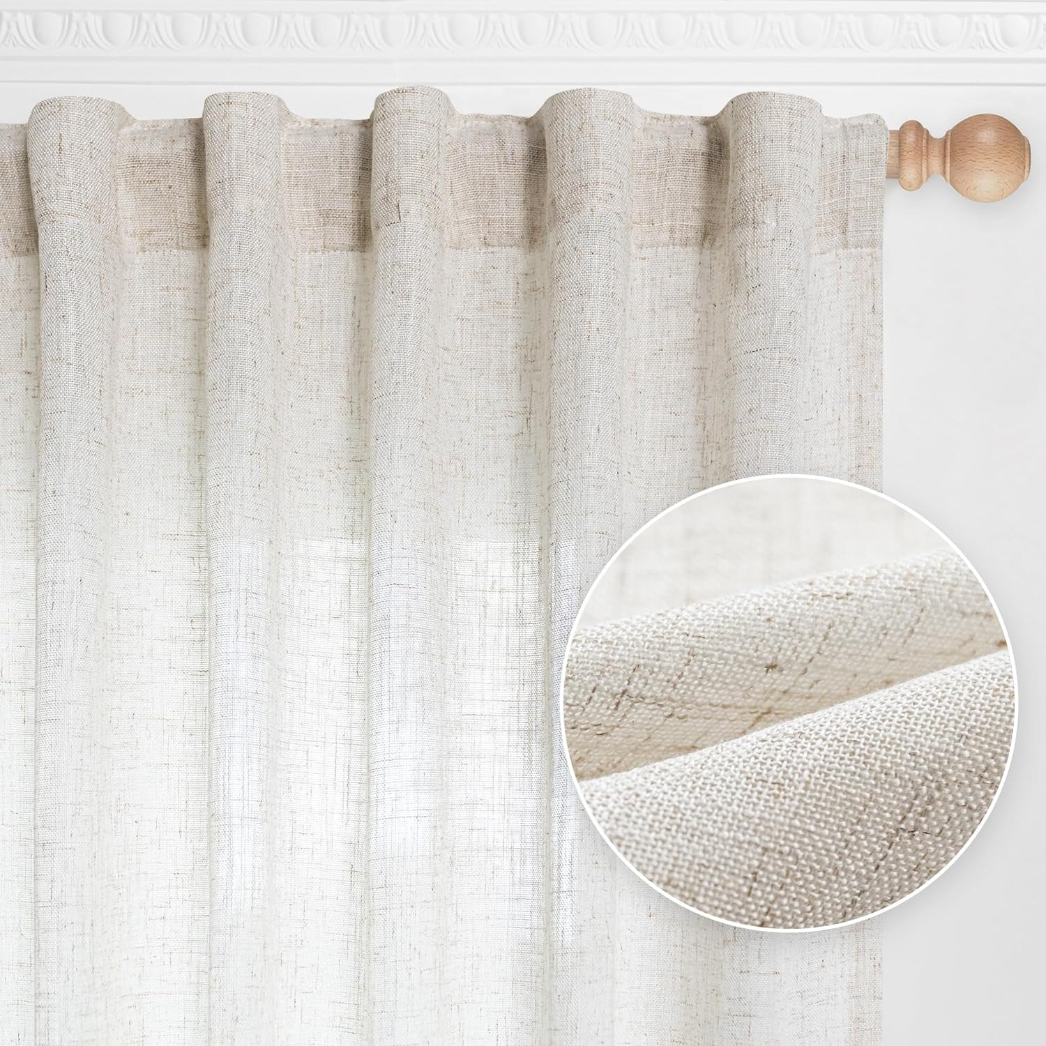 MYSKY HOME Linen Curtains for Living Room, Natural Semi Sheer Curtains & Drapes
