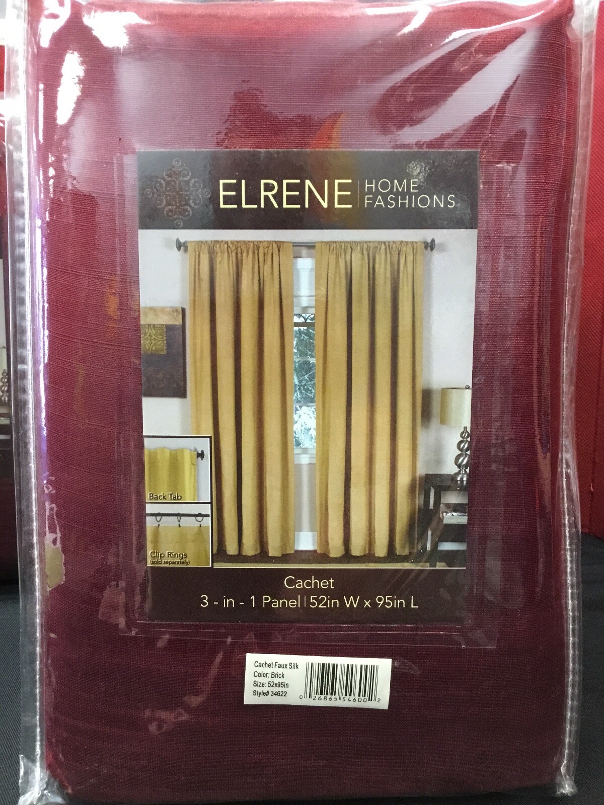 (1) Elrene 3 in 1 Cachet Window Panel 52×95 Brick Red Curtain Drapery Faux Silk