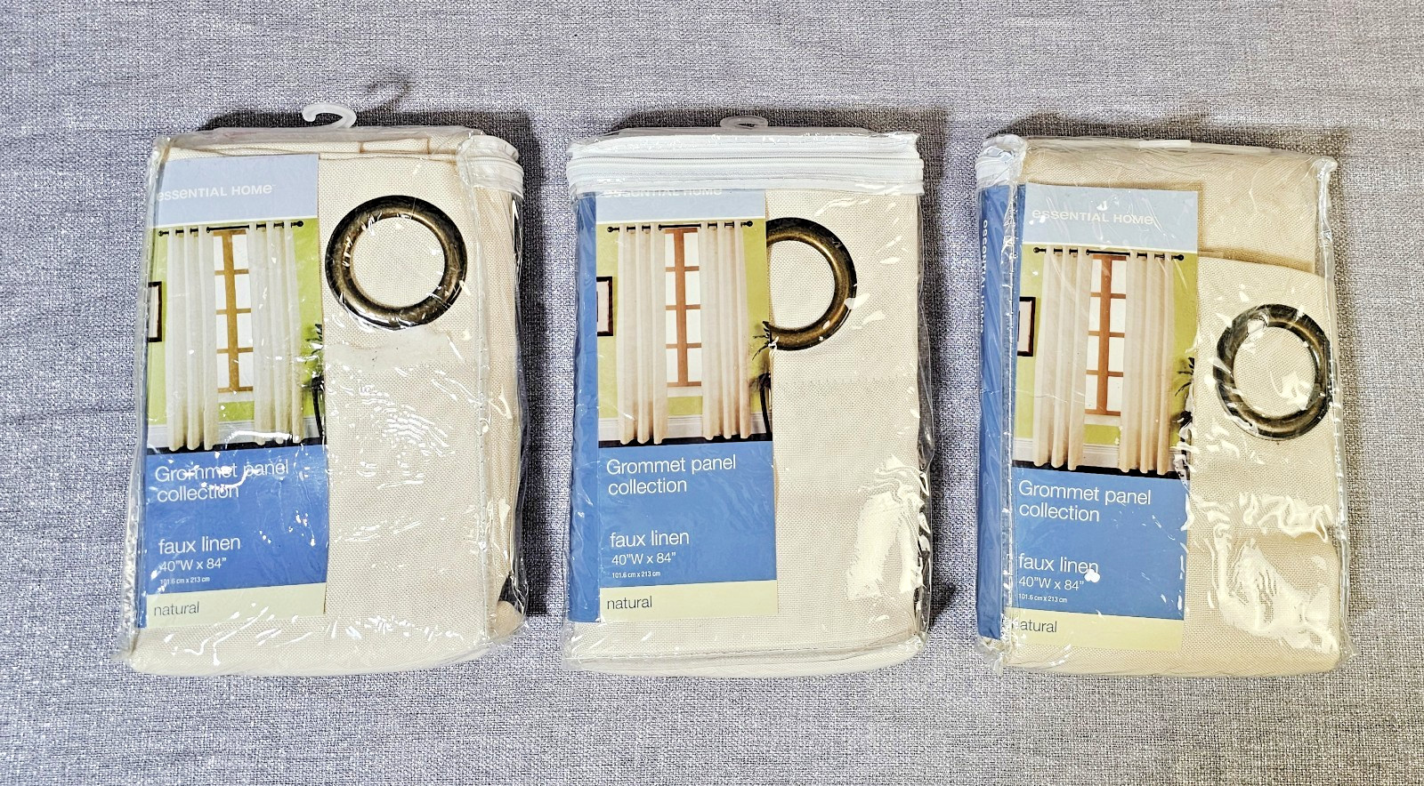 Set of 3 40″ x 84″ Faux Linen Grommet Panel Window Curtain Natural NOS