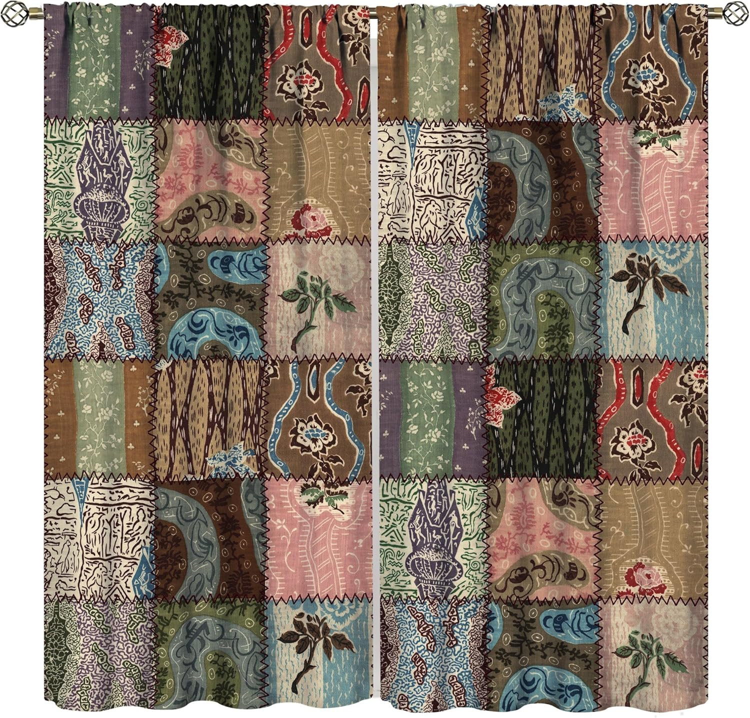 Boho Patchwork Curtains,Vintage Colorful Bohemian Splicing Print Drapes for Bedr