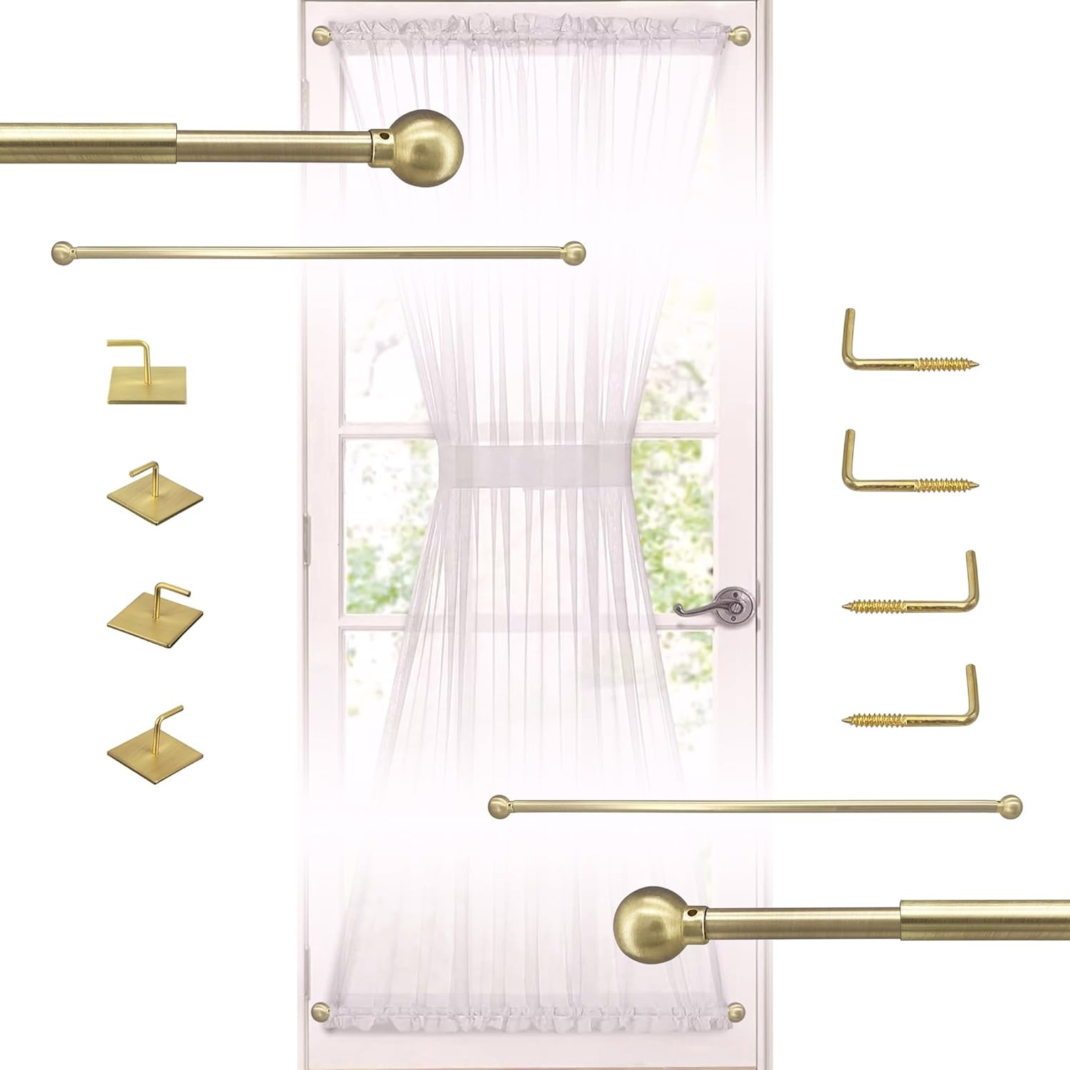 Adjustable French Door Curtain Rods, 16-28 Inch, 2 Pack, Brass Finish