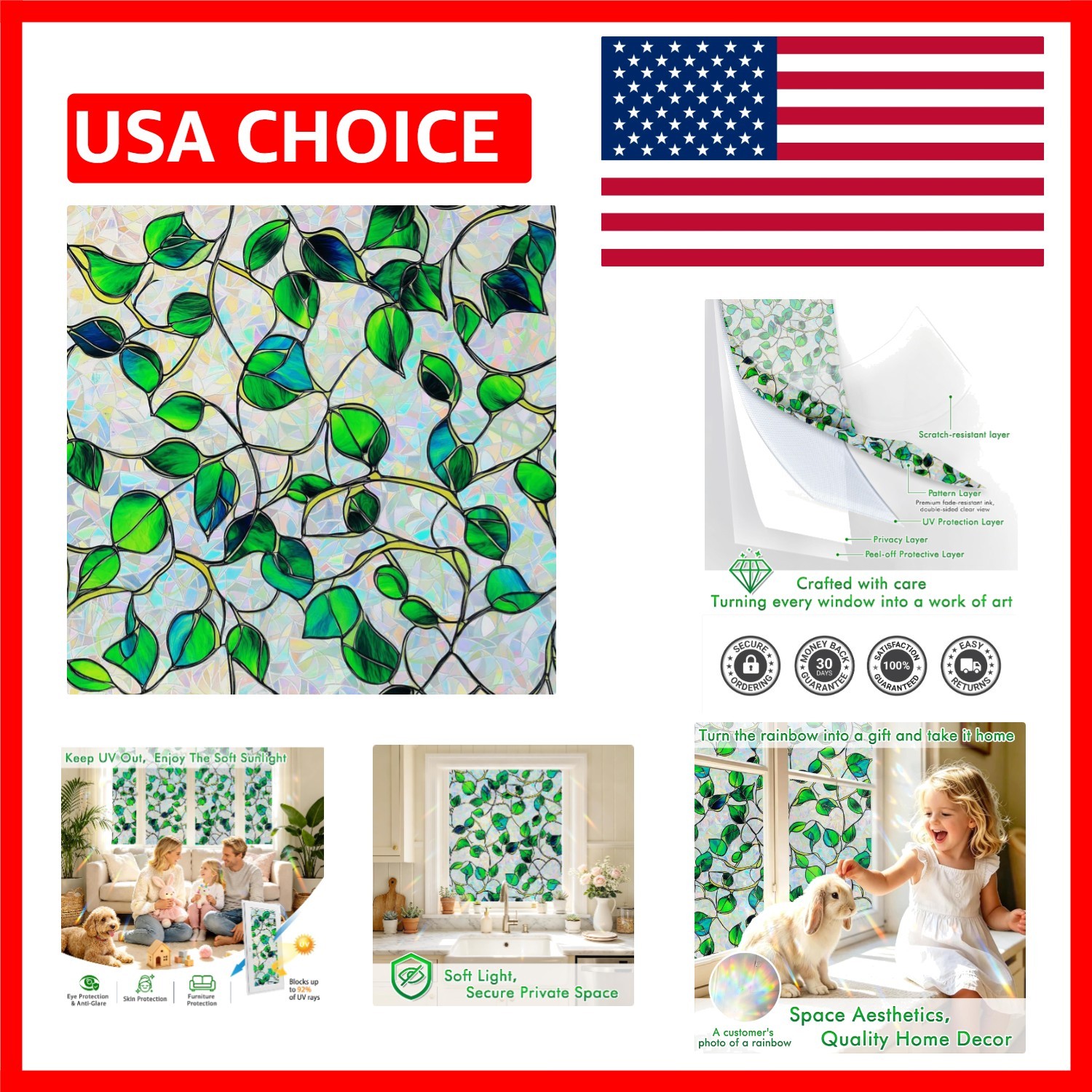3D Floral Rainbow Window Privacy Film – UV Protection & Easy Install (17.5×157)