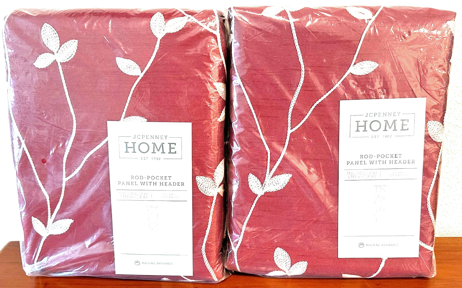2x JC Penney Rod Pocket Panel Curtain 50″x95″ Red/Ivory Malone Leaf Embroidery
