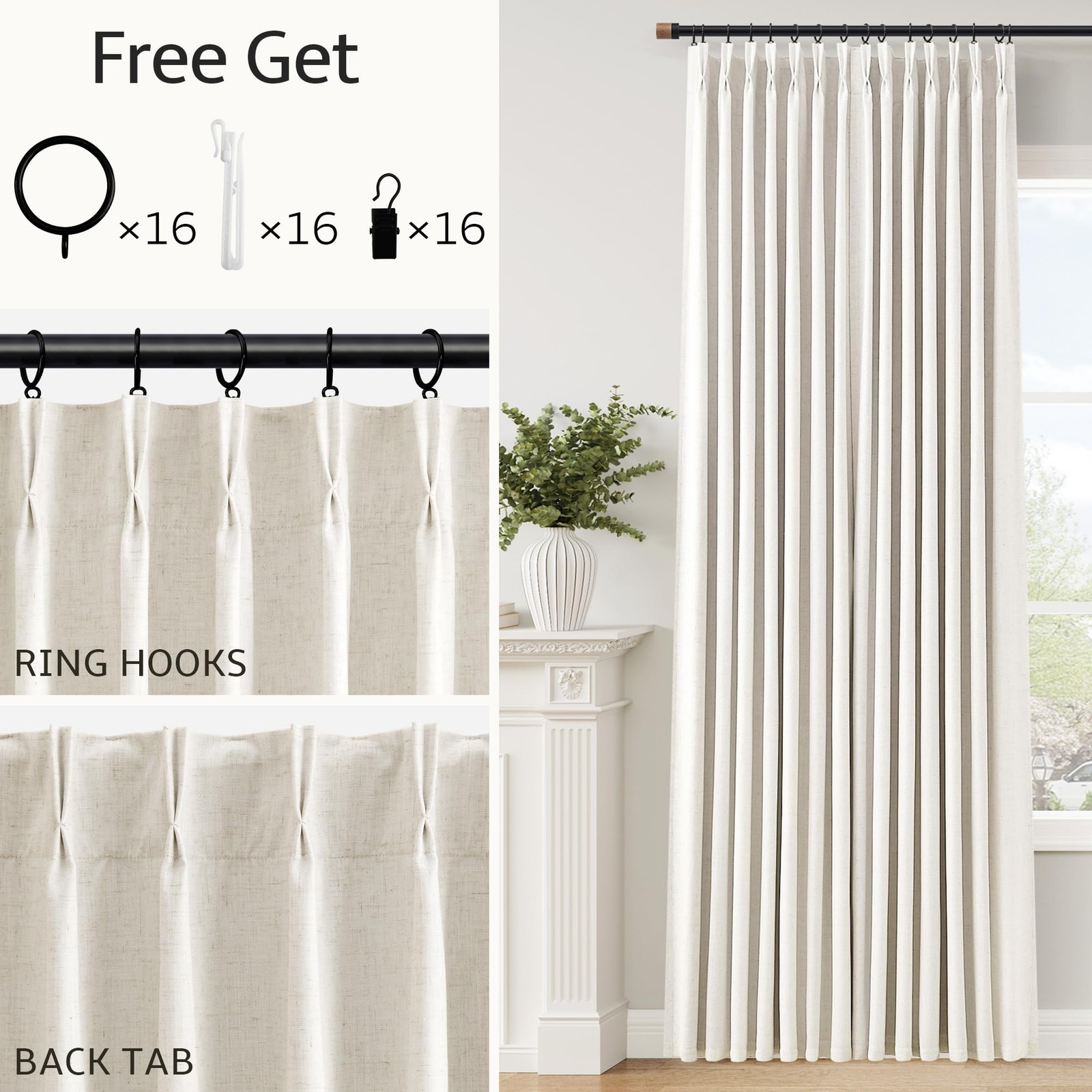 100% Blackout Linen Pinch Pleated Curtains 84 Inches Long 2 Panels for Bedroo…