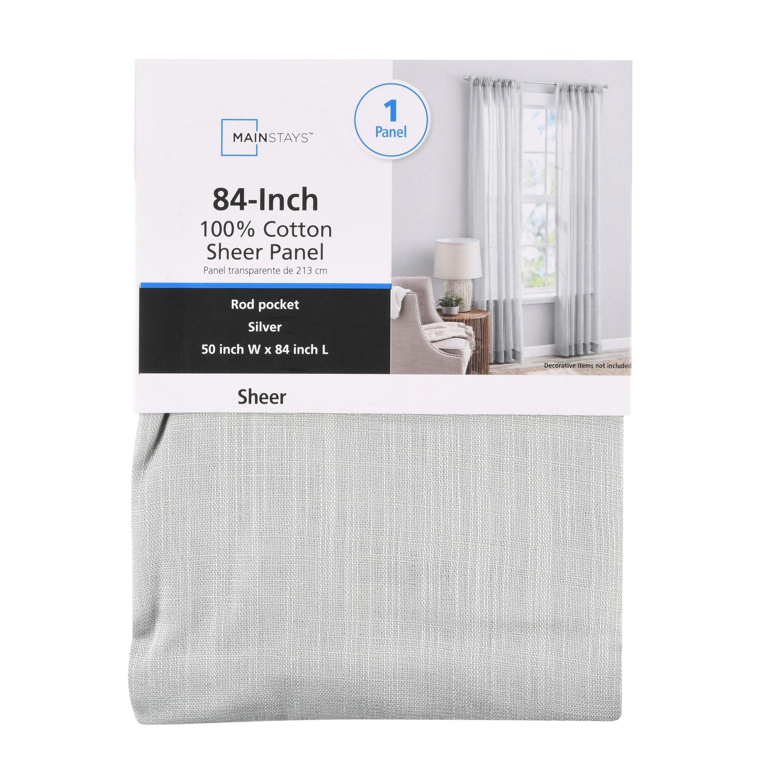 100% Cotton Indoor Sheer Rod Pocket Single Curtain Panel , White , 50″ W x 63″L