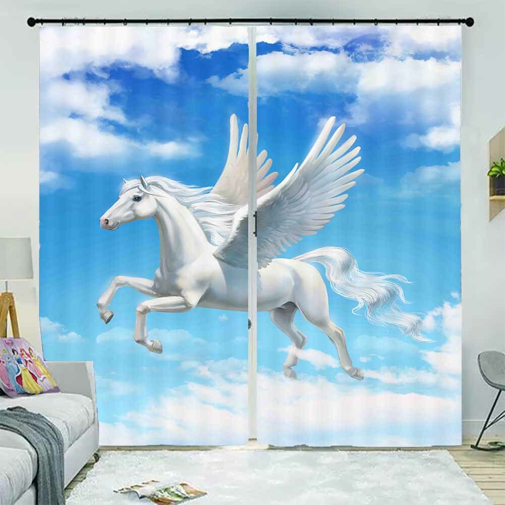 White Big Horse Mane 3D Curtain Blockout Photo Printing Curtains Drape Fabric