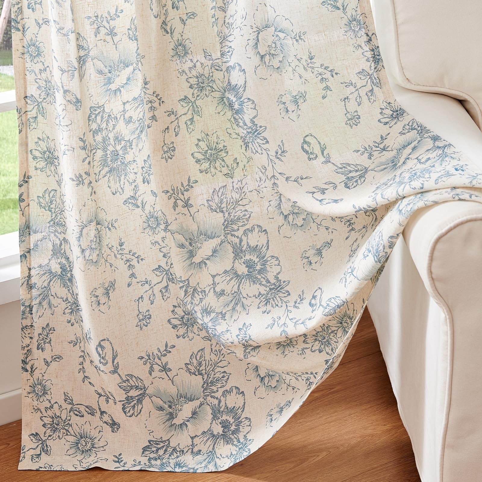 Linen Blend Curtain Floral Curtains for Living Room 84 Inch Length Blue Print…