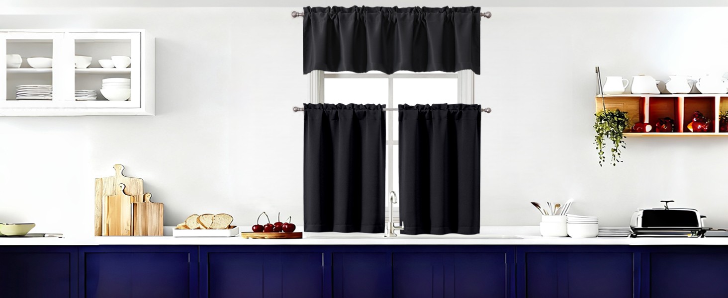 Black Valances for Windows 14 Inch Length, Thermal Blackout Short Curtains,