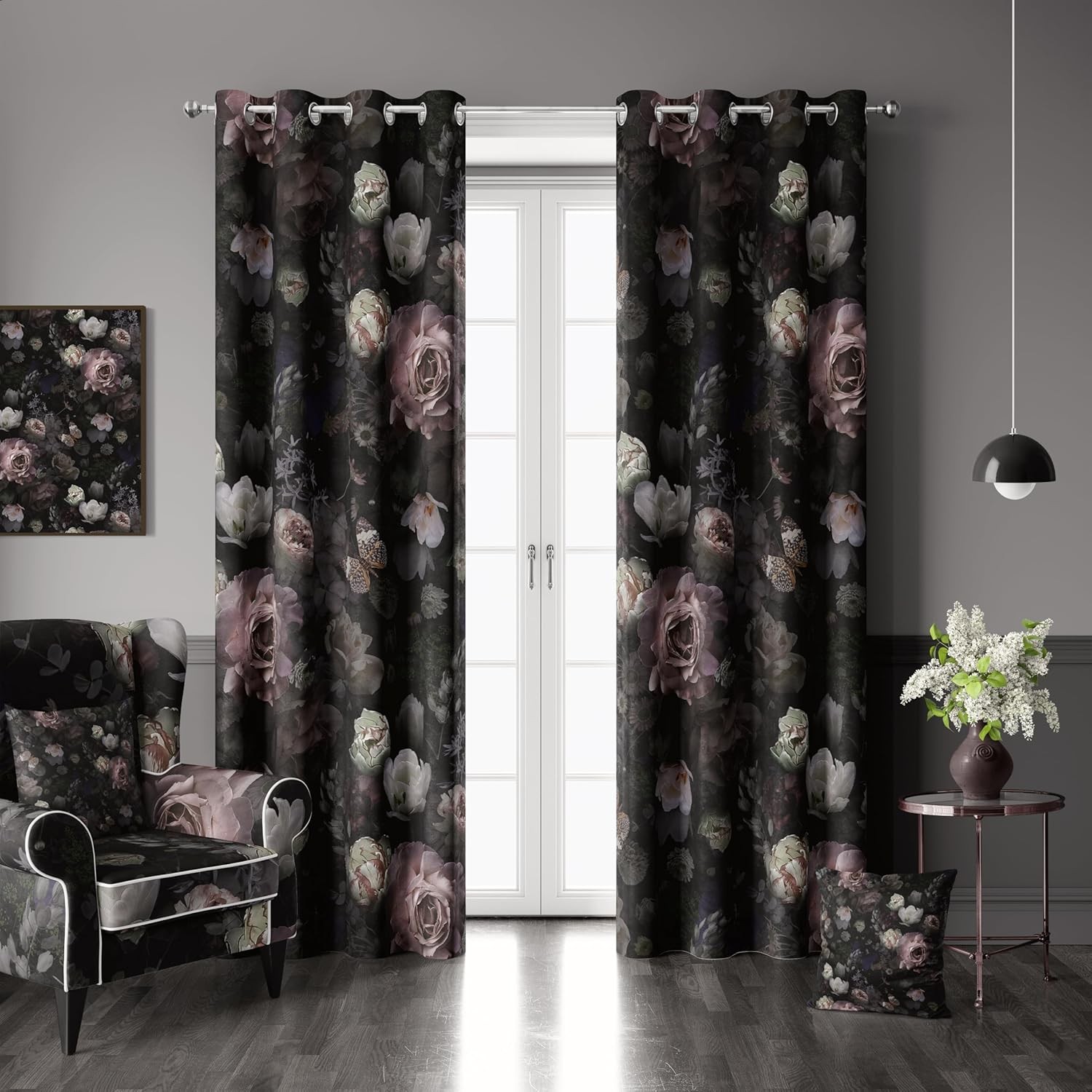 100% Blackout Curtains 2 Panels Set Black Pink Floral Rose Black Out Curtain