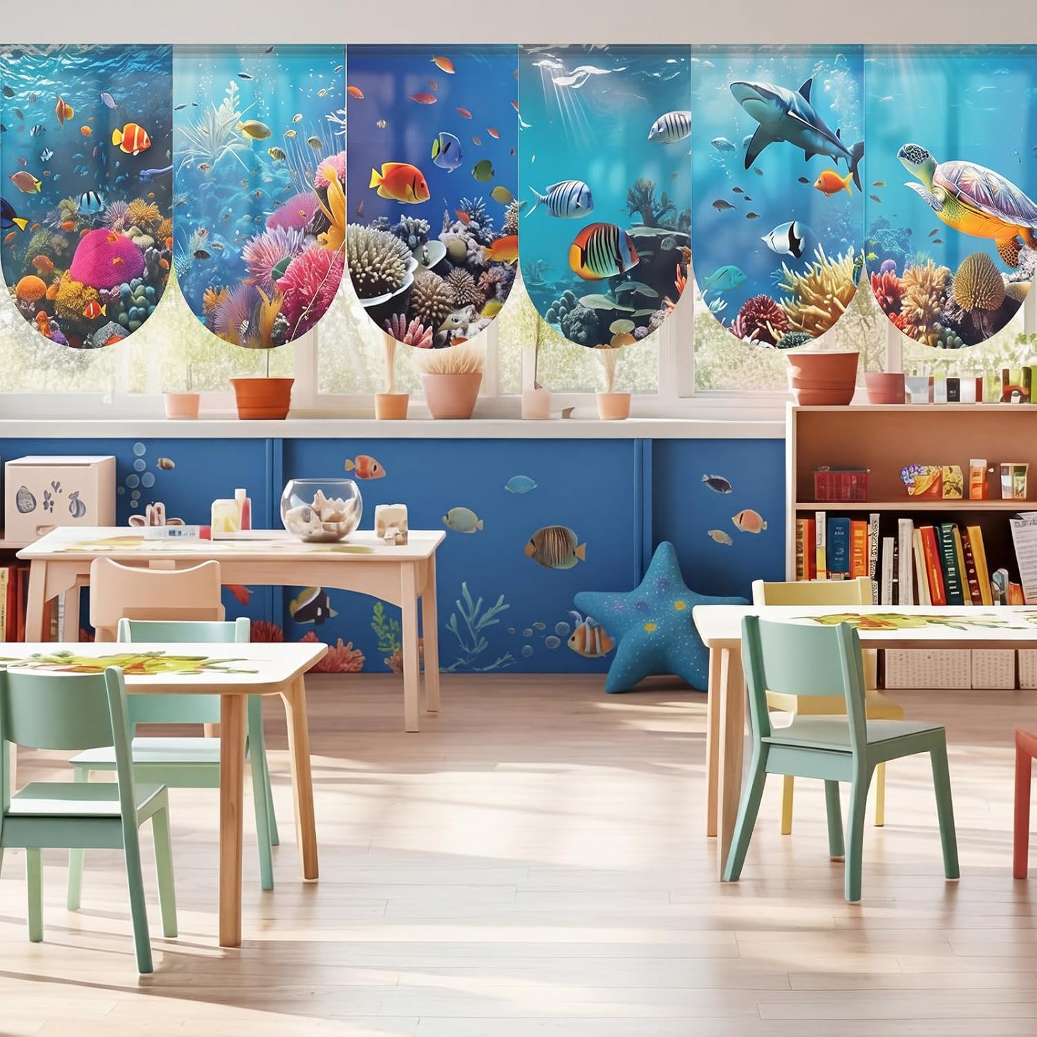 6 Pcs under the Sea Classroom Curtains Ocean Curtains for Kindergarten Daycare P