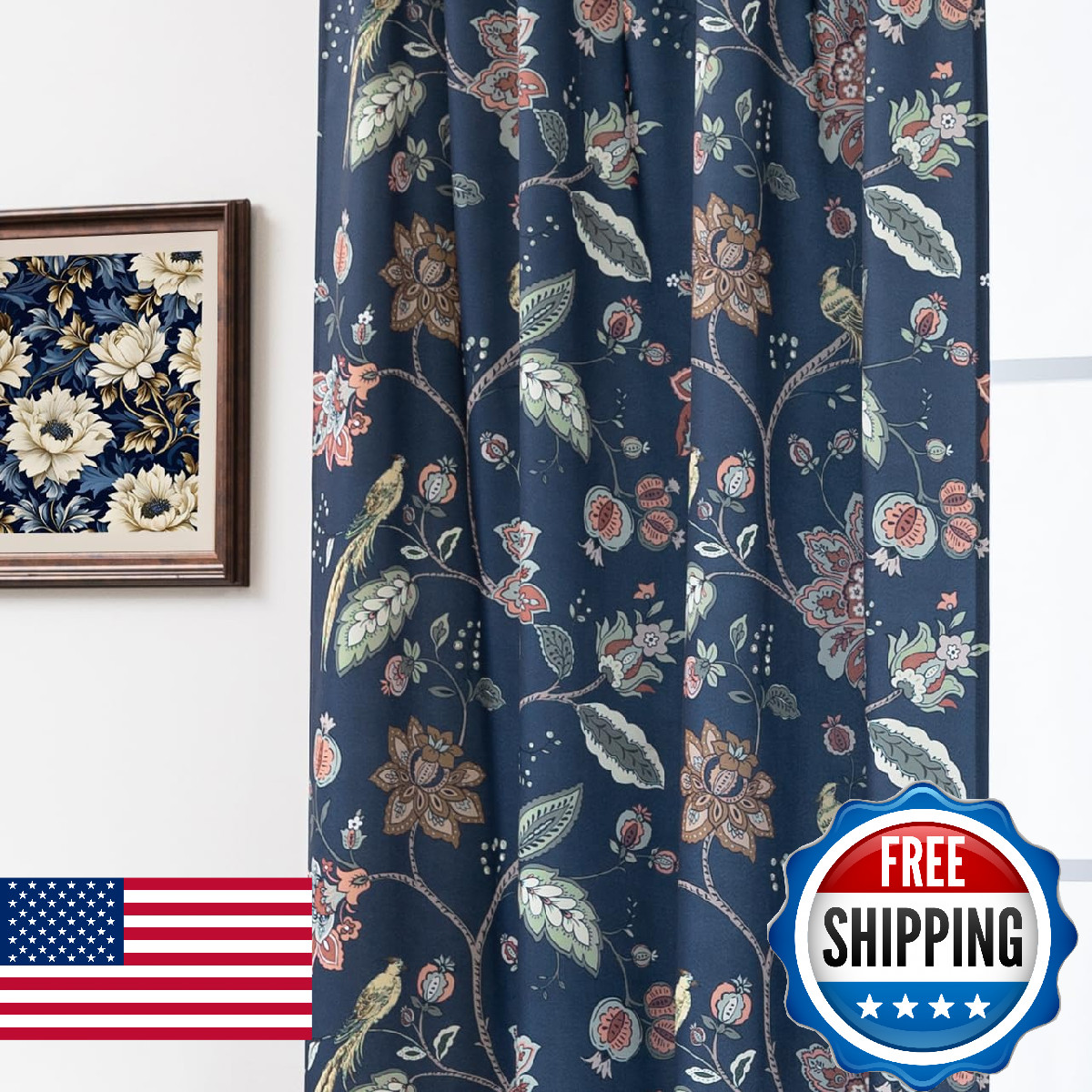 90 Inch Navy Blue Floral Patterned Blackout Curtains, Print Back Tab Curtains fo