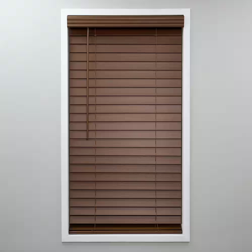 Textured Dark Oak Cordless Room Darkening Faux Wood Blinds with 2 In. Slats – 34