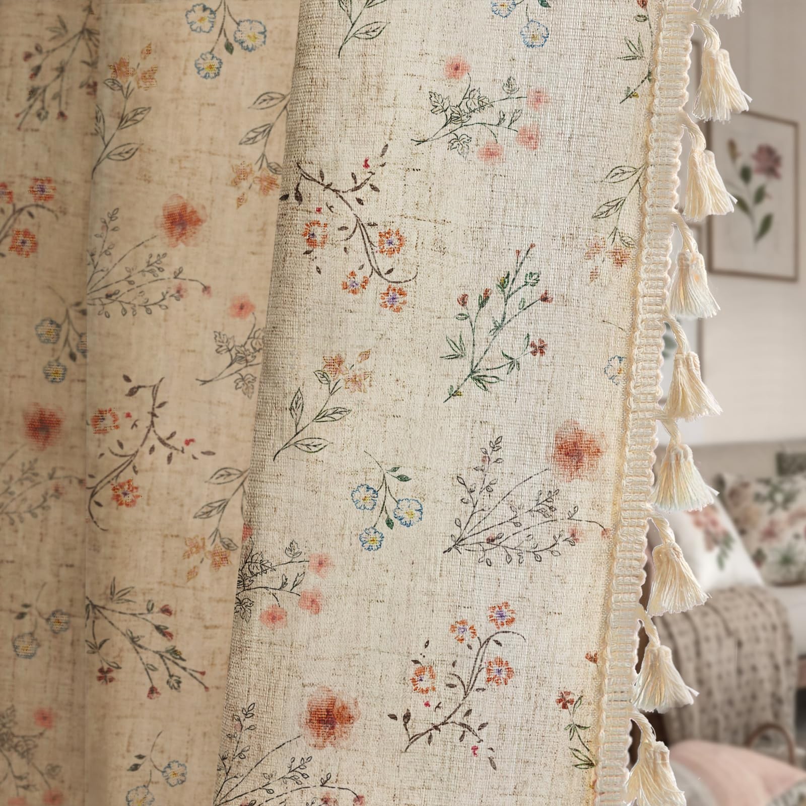 Boho Floral Spring Semi Sheer Curtains 84 Inch Length 2 Panels Set, Linen Tex…