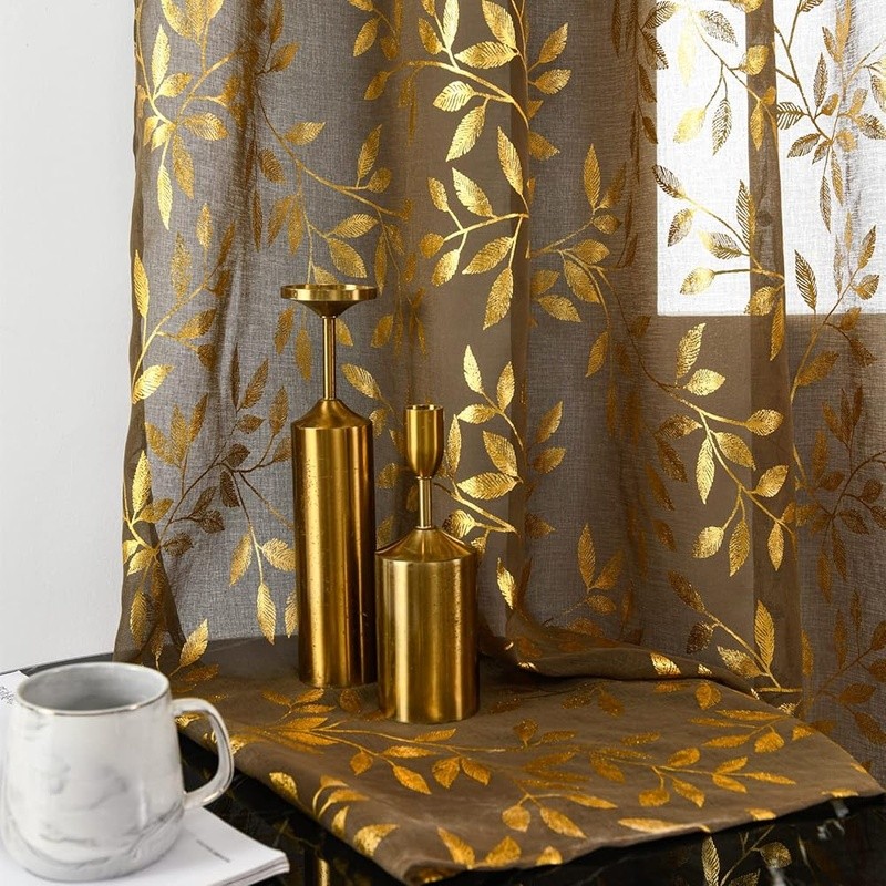 Elegant Sheer Curtains W/ Gold Foil Printed Vines Airy Privacy Home Use