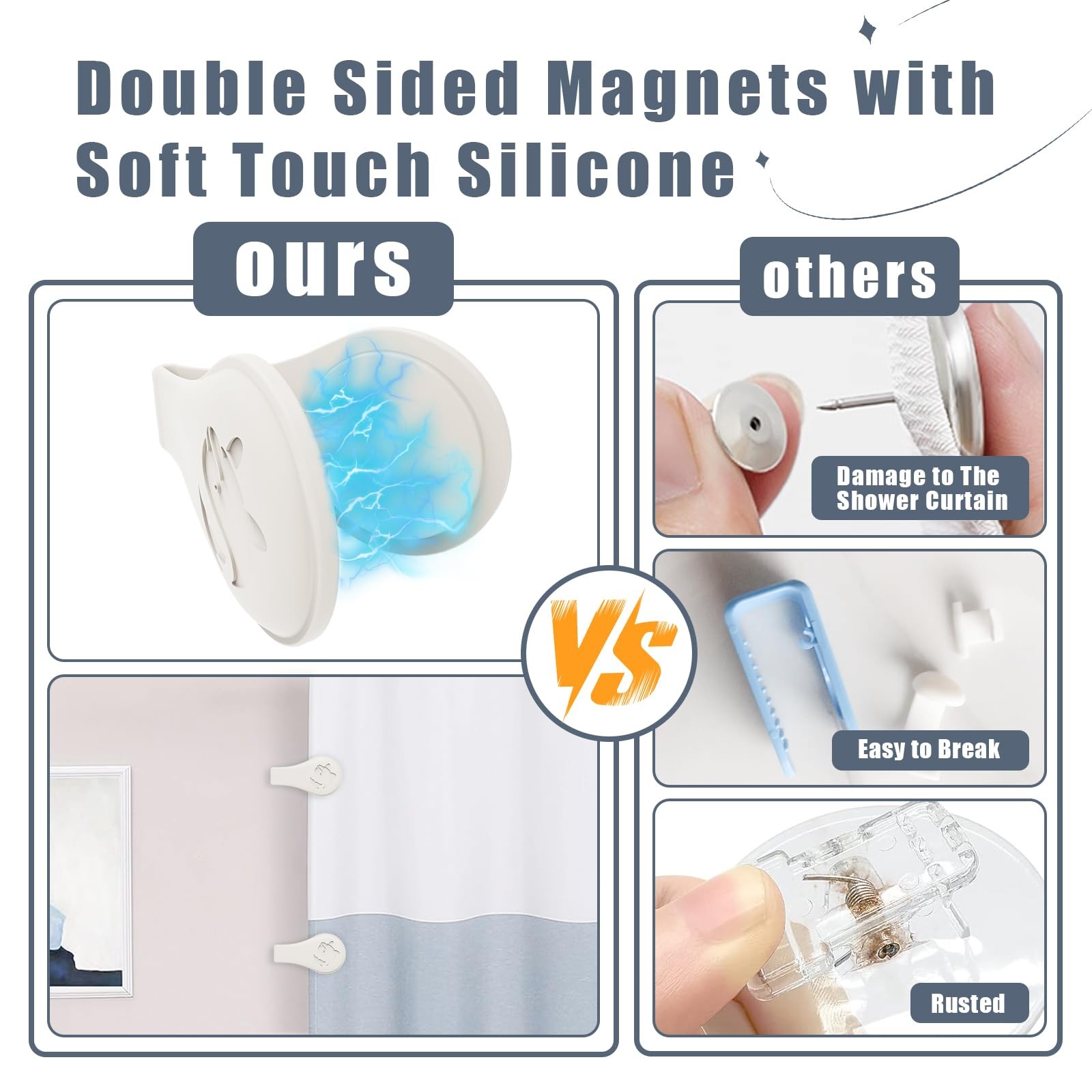Vaszu Magnetic Silicone Shower Curtain Clips 1.8″W x 3.3″L (Pack of 3), White