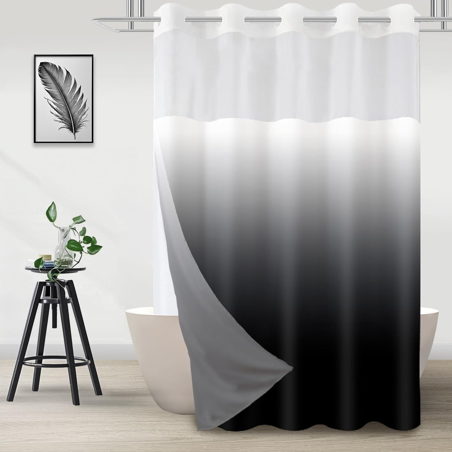 No Hook Shower Curtain with Snap in Liner, Black and White Shower Curtains and