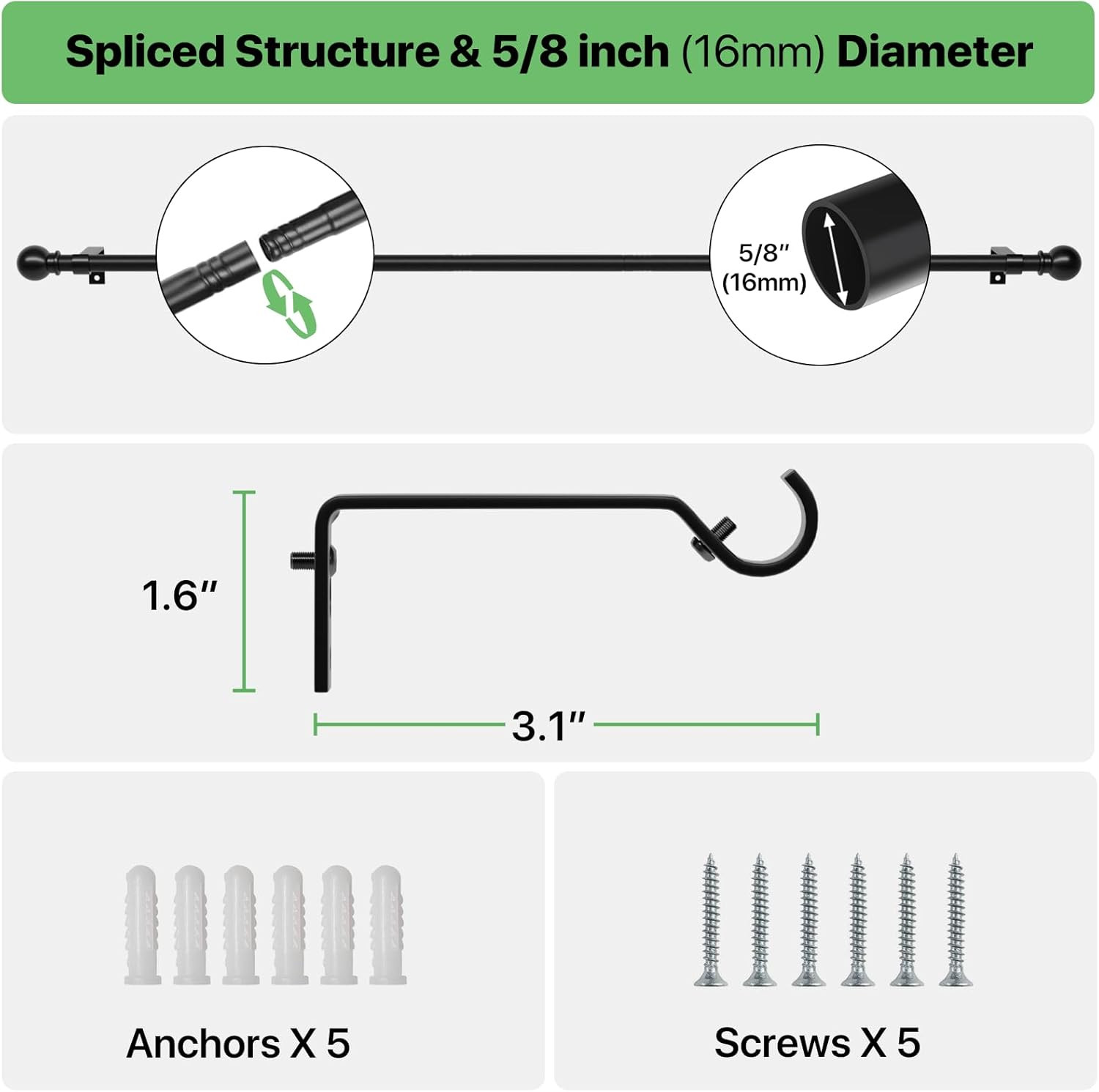 Curtain Rods for Windows 28 to 48 Inch, 5/8 Inch Black Curtain Rod Set with Brac