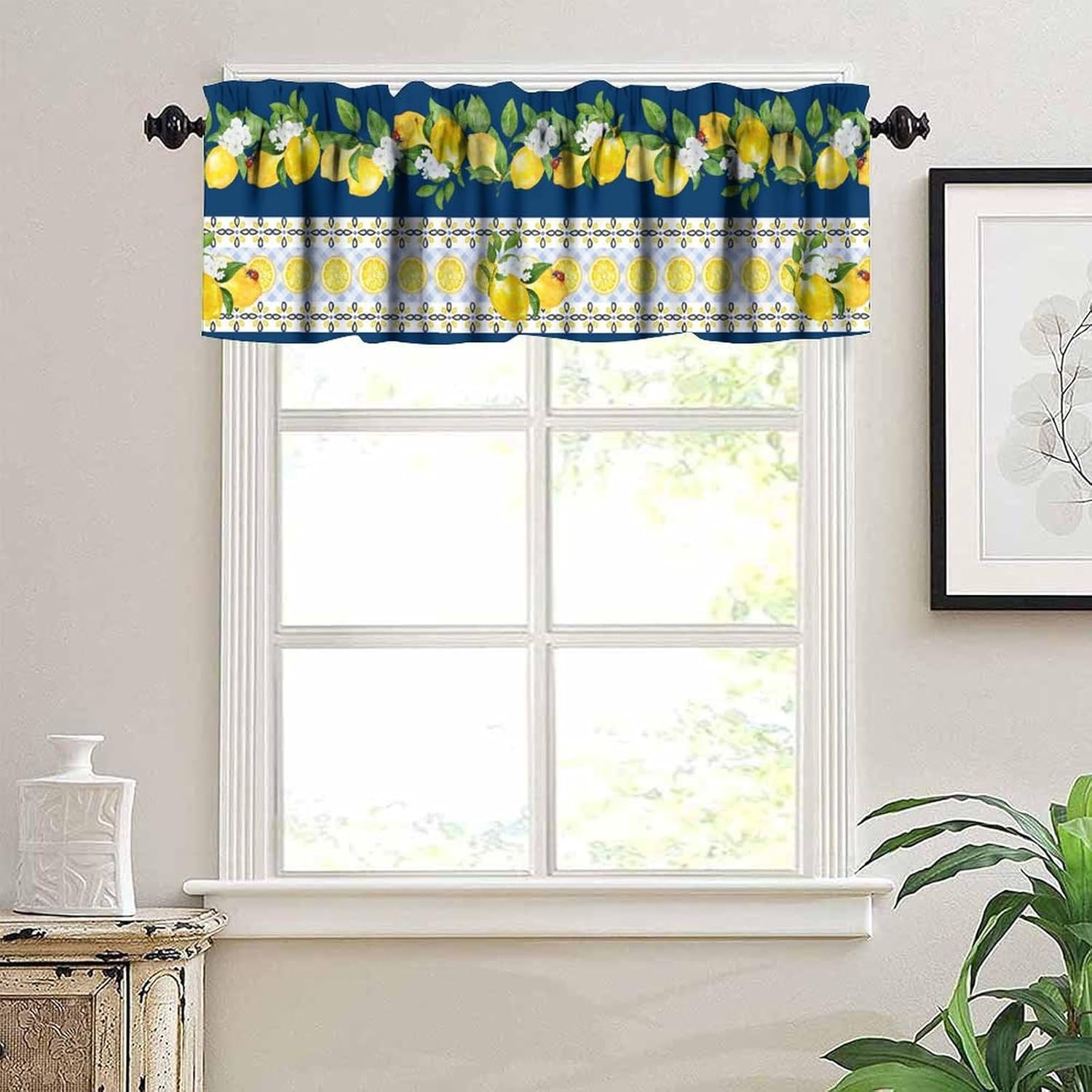 Lemon Valances Curtain,Watercolor Floral Lemon Texture Rustic Print Rod Pocket f