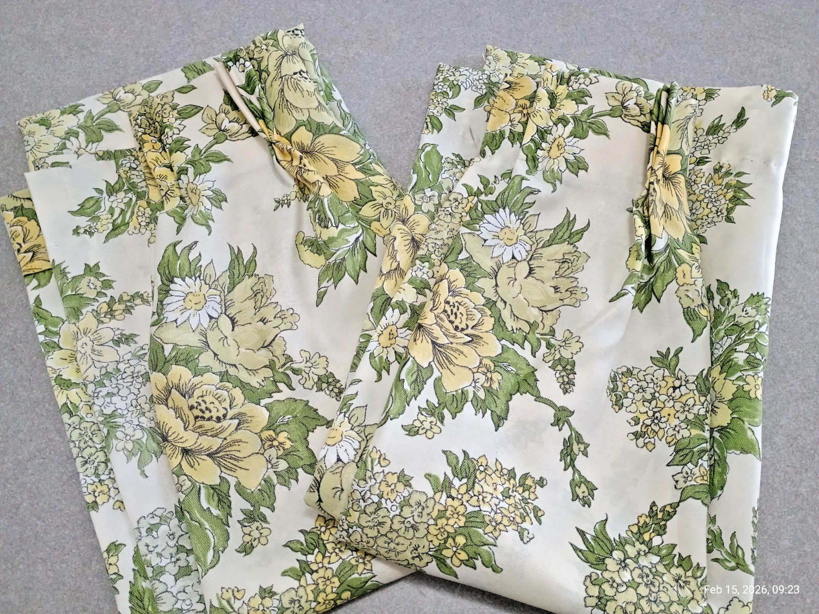 Vintage Curtain Panels Green Yellow White Floral Pinch Pleat Drapes 71″ Long