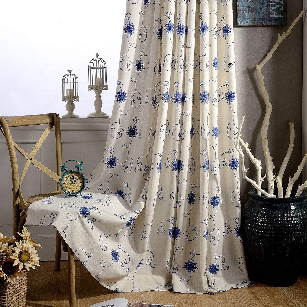 Durable and Elegant Blue Floral Embroidered Curtains – 2 Panels, 60 x 106
