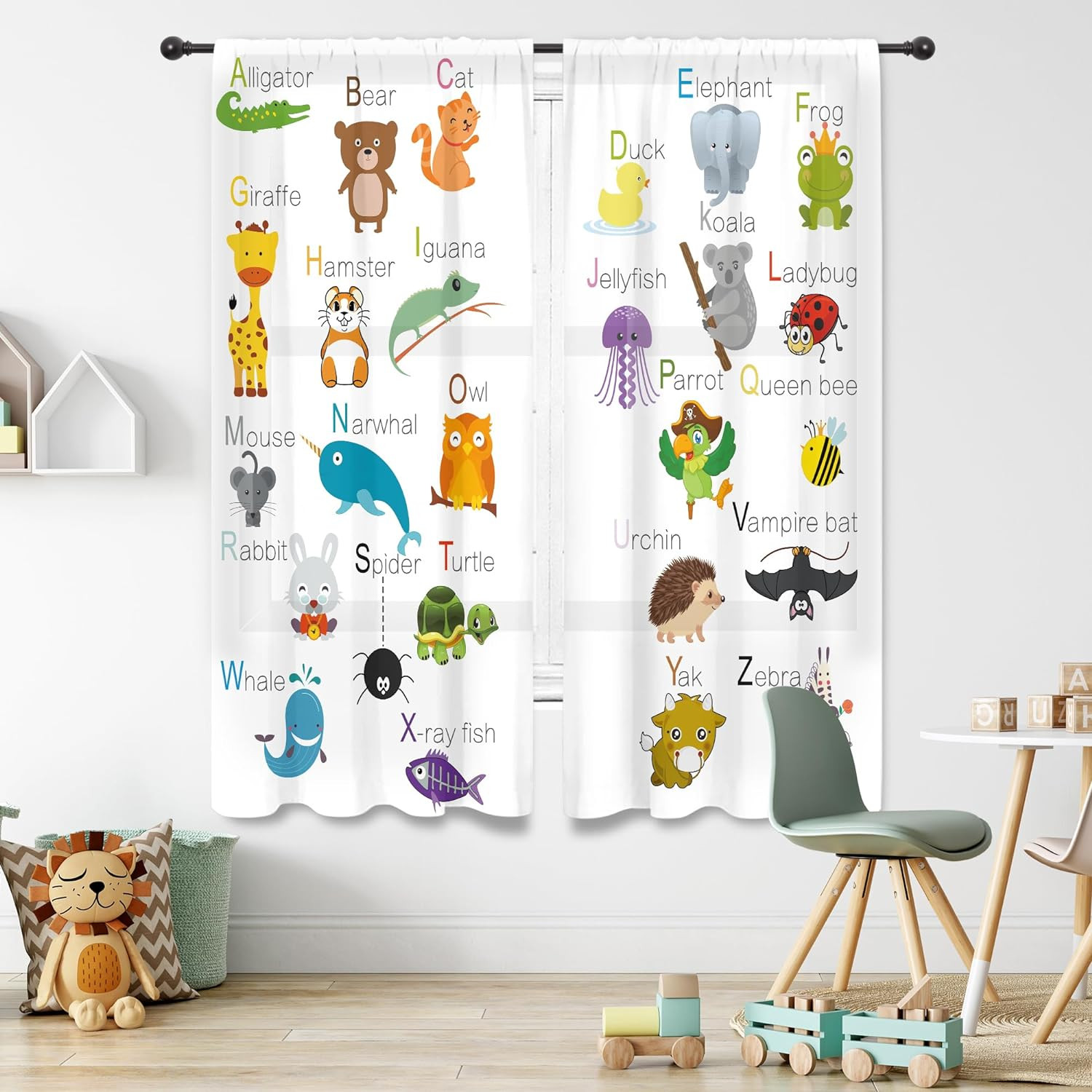 ABC Alphabet Kids Curtains 41W x 62L Inch Sheer 41W x 62H（Thin） 02green Blue