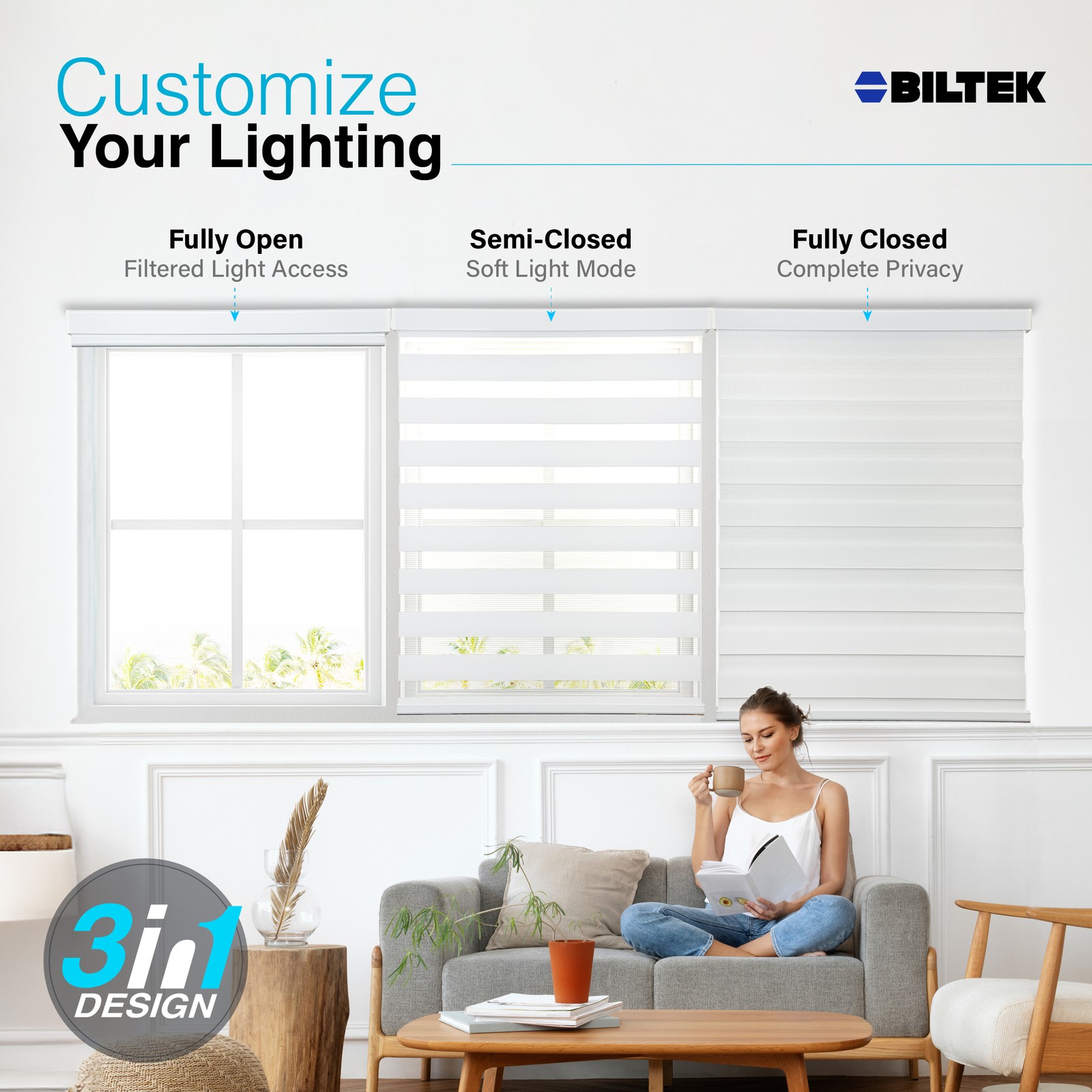Cordless Zebra Roller Blinds Sheer Shades, Sheer or Privacy – White, 71″W X 72″H