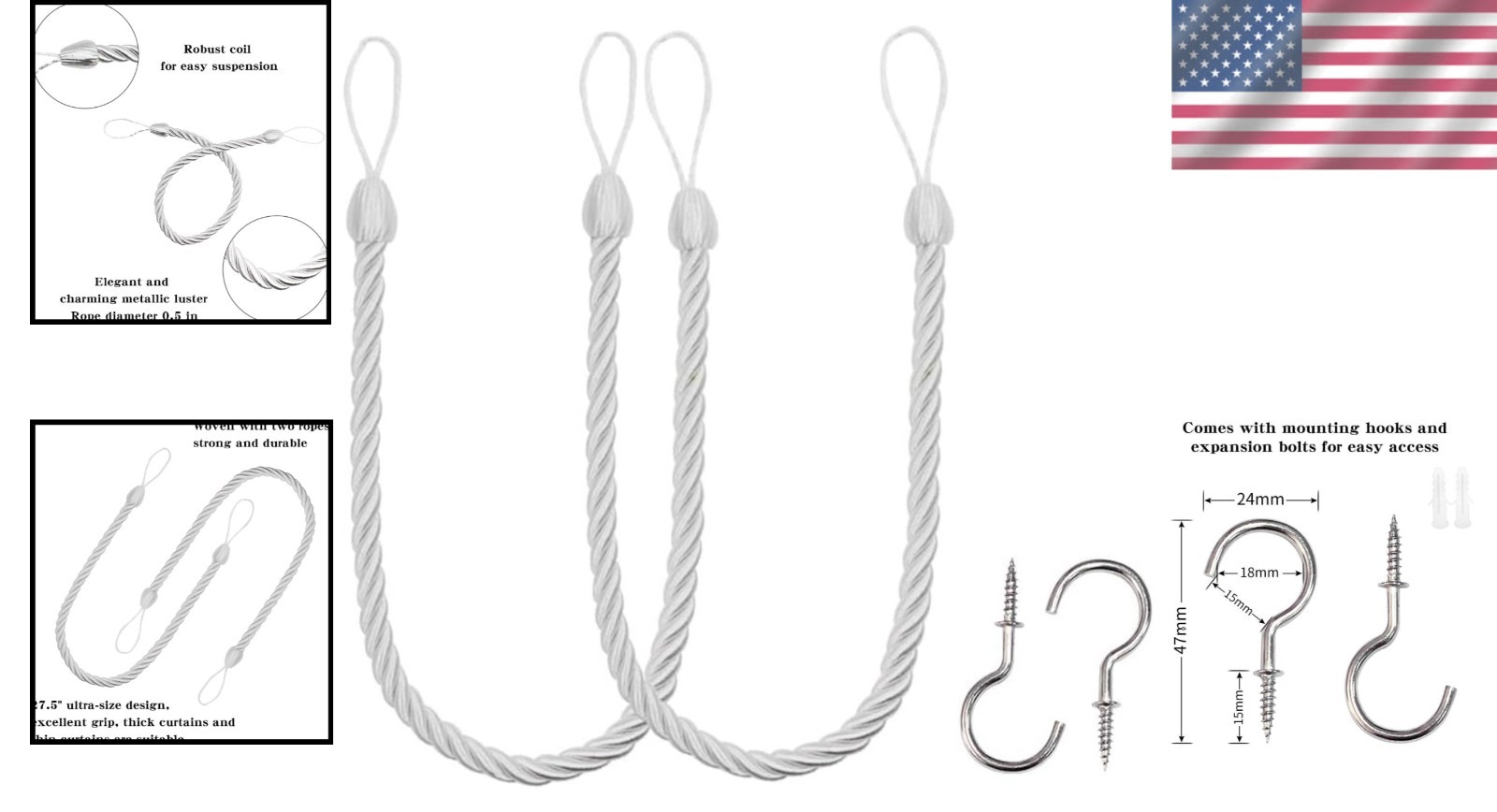 Stylish White Curtain Tiebacks with 2 Metal Screw Hooks – 2 Pack of Holdbacks