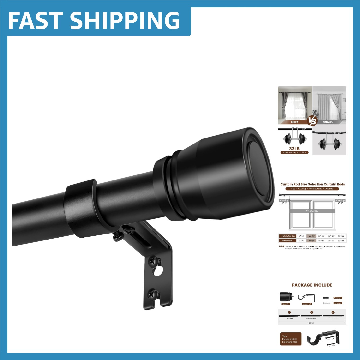 Telescopic Matte Black Curtain Rod, Fits 30-54″ Windows – Extra Long & Durable