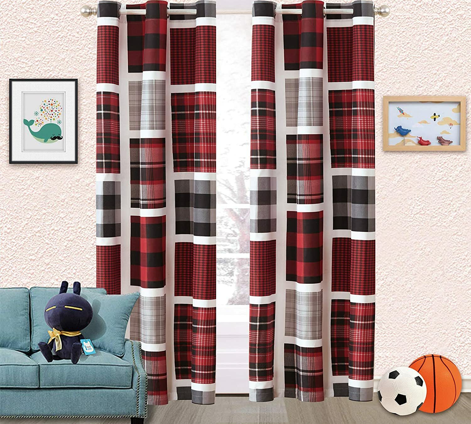 Set 2 Red Black Gray Grey Patchwork Plaid Curtains Panels Drapes 84 in L Grommet