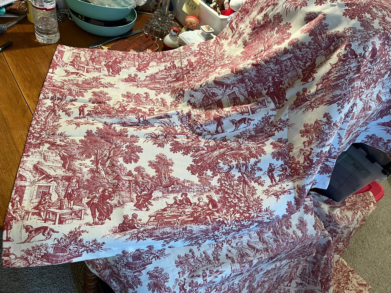 Toile Curtains Pair 100% Cotton Red And Creamy White slip Rod 56” Wide 24” Long