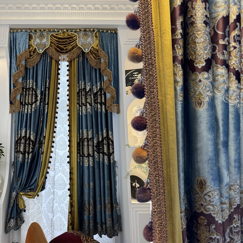 Custom elegant velvet blue ﻿thick cloth blackout curtain valance drape C2151
