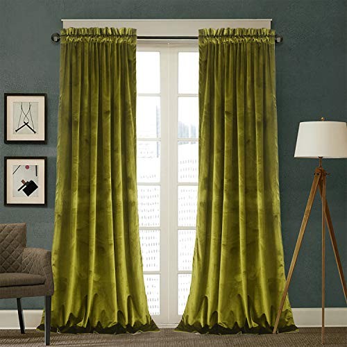 Velvet Curtains 2 Panels Set, Block Light 52″W x 84″L (Pack of 2) Olive Green