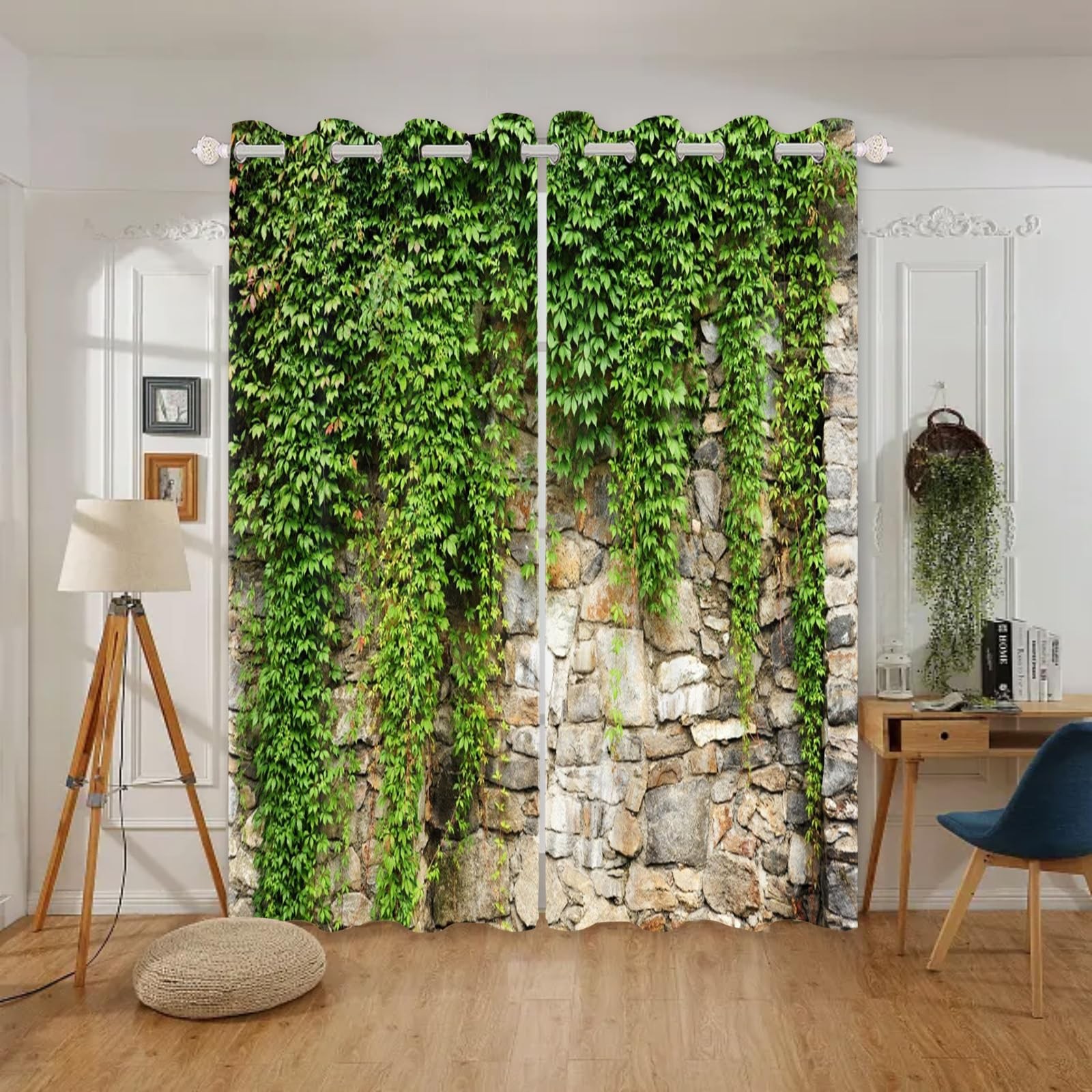 Green Ivy Leaf Blackout Curtains Leaves Plants Rustic Stone Wall Spring Scene…