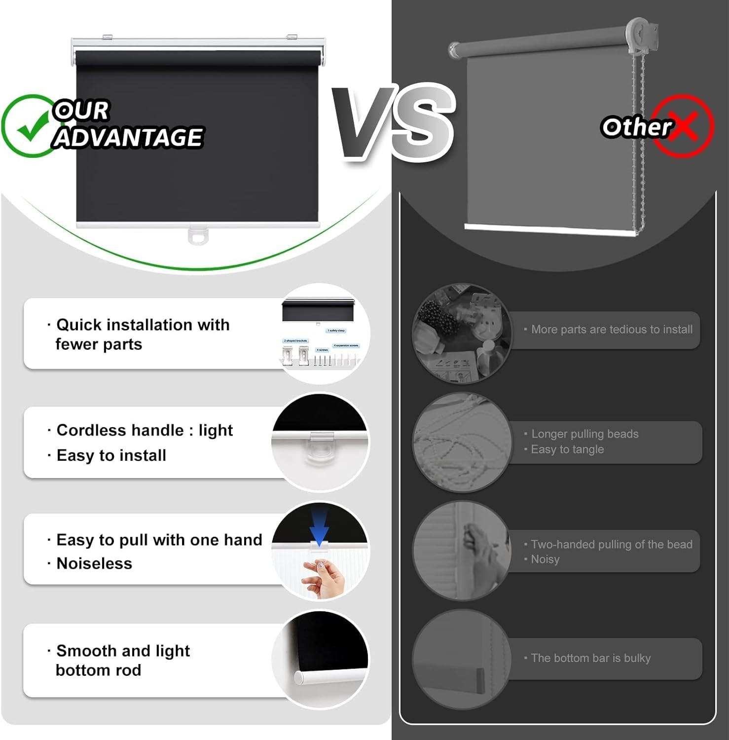 Black 23″ W x 72″ H Cordless Roller Blinds – Ideal for Home & Office