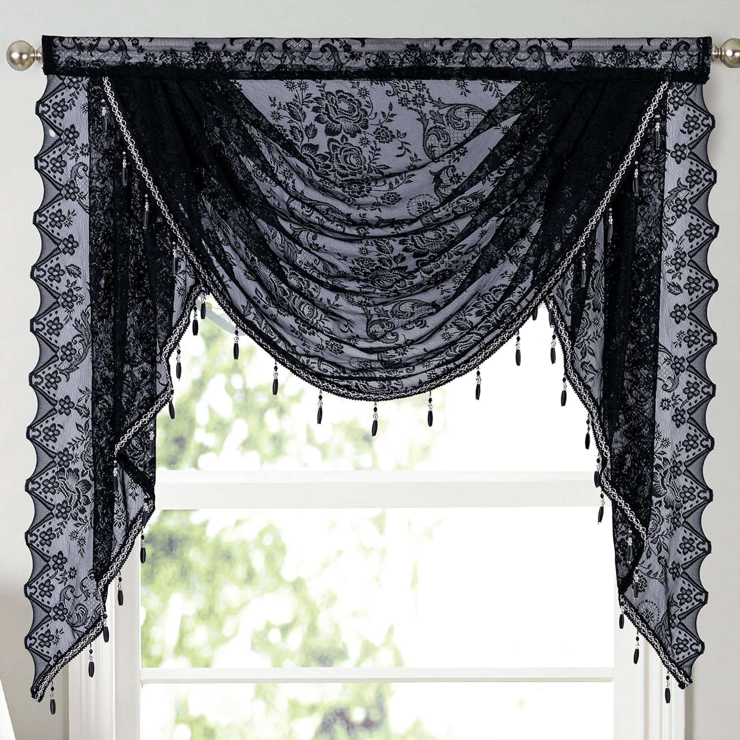 Sheer Lace Waterfall Window Valance with Bead 39″W x 41″L (Pack of 1) Black