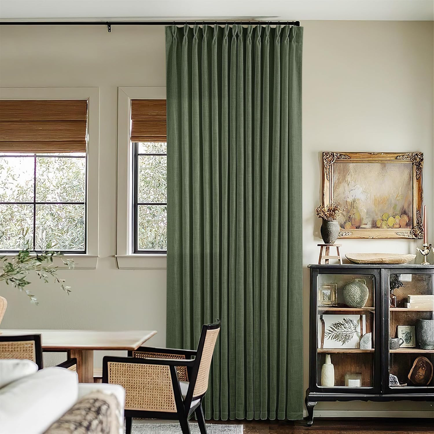 Extra Long Olive Green Linen Curtains – 120 Inch Pleated Drapes, 2 Panels