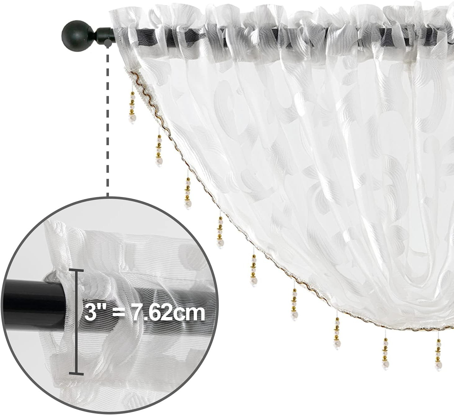 Elegant White Organza Waterfall Valance with Beaded Tassel Trim, 40 x 17 Inch