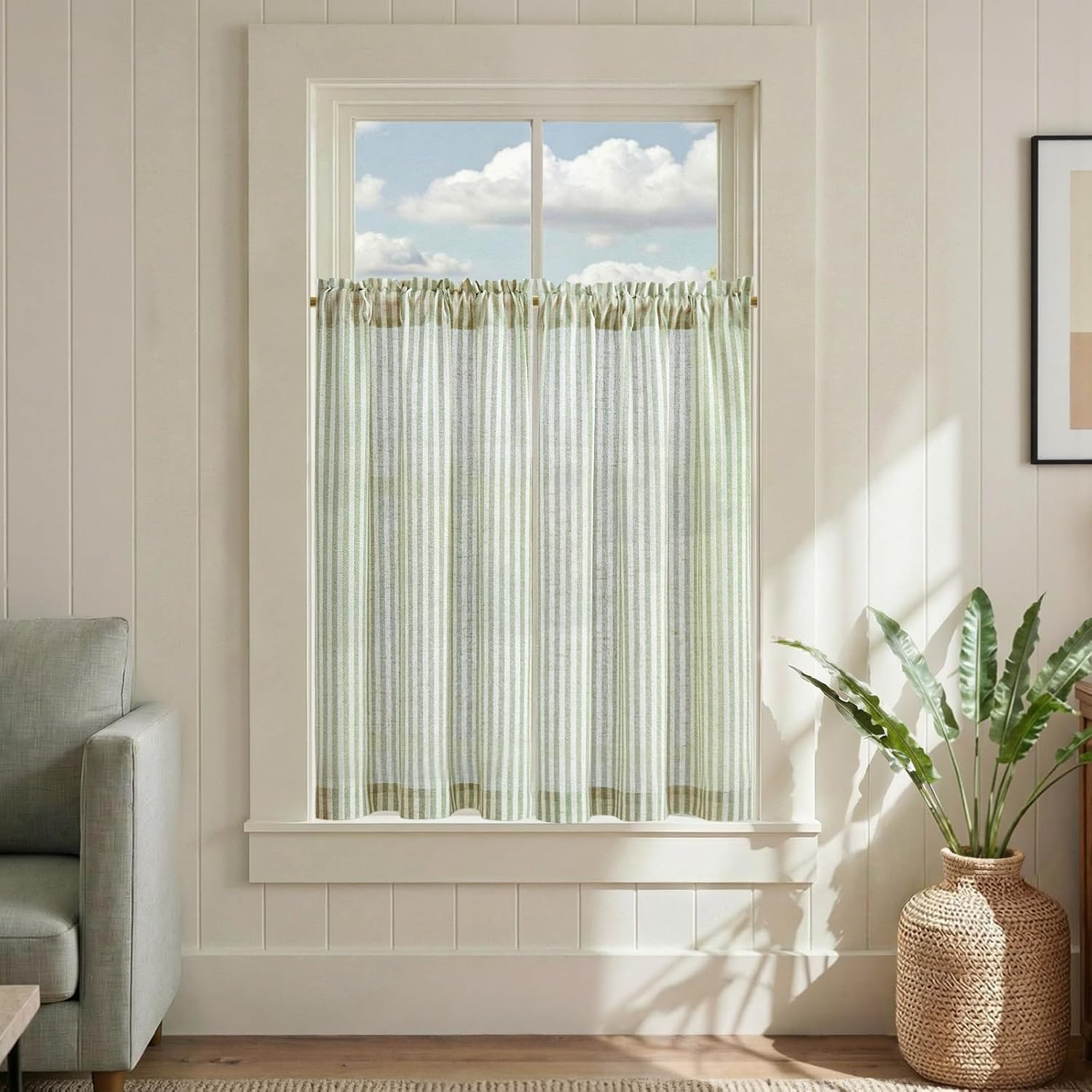 Striped Linen Kitchen Curtains 36 Inches Length Tier Curtains Farmhouse Modern C
