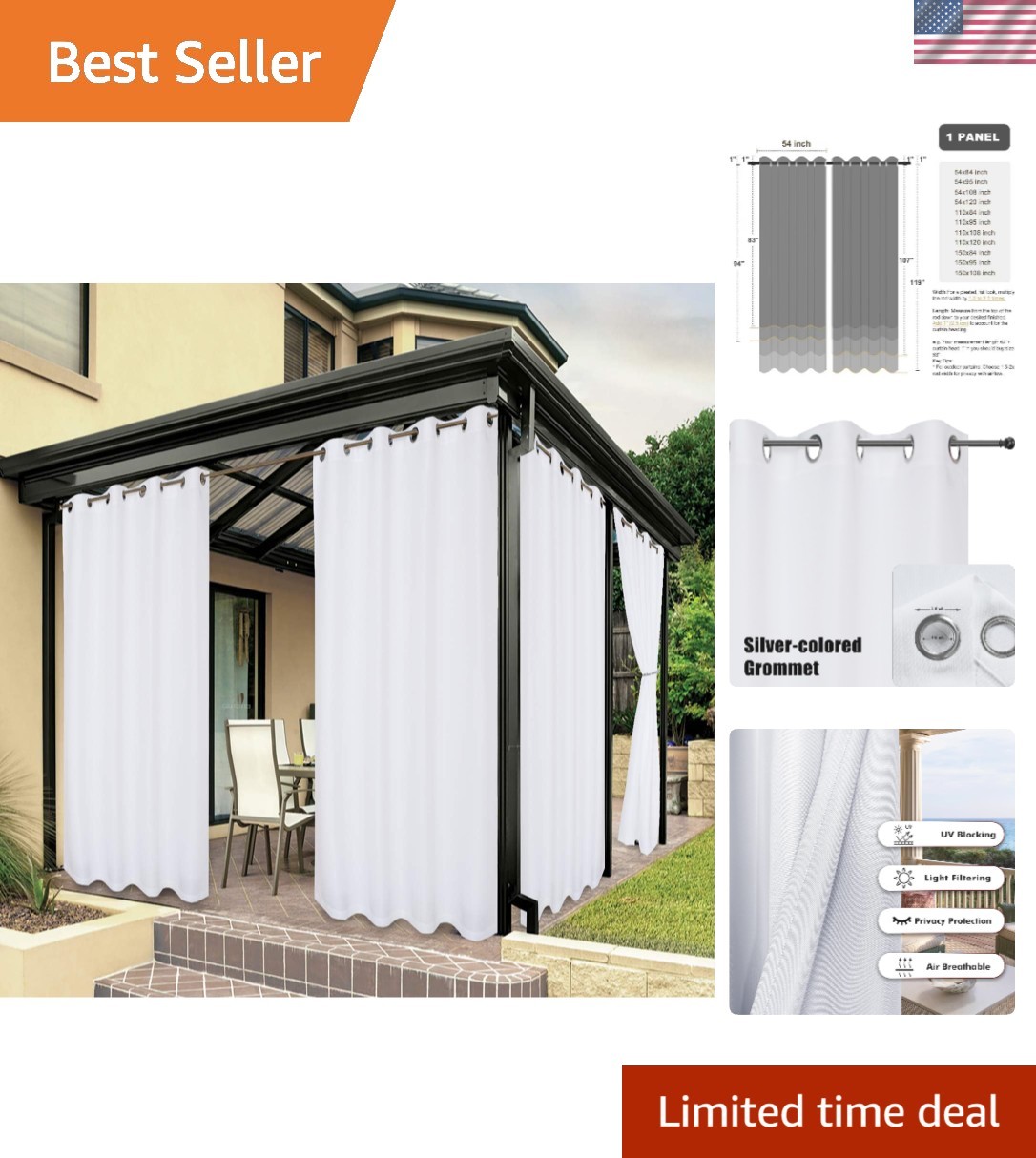 Privacy Outdoor Curtains, Weatherproof Grommet Design, 54W x 84L, White