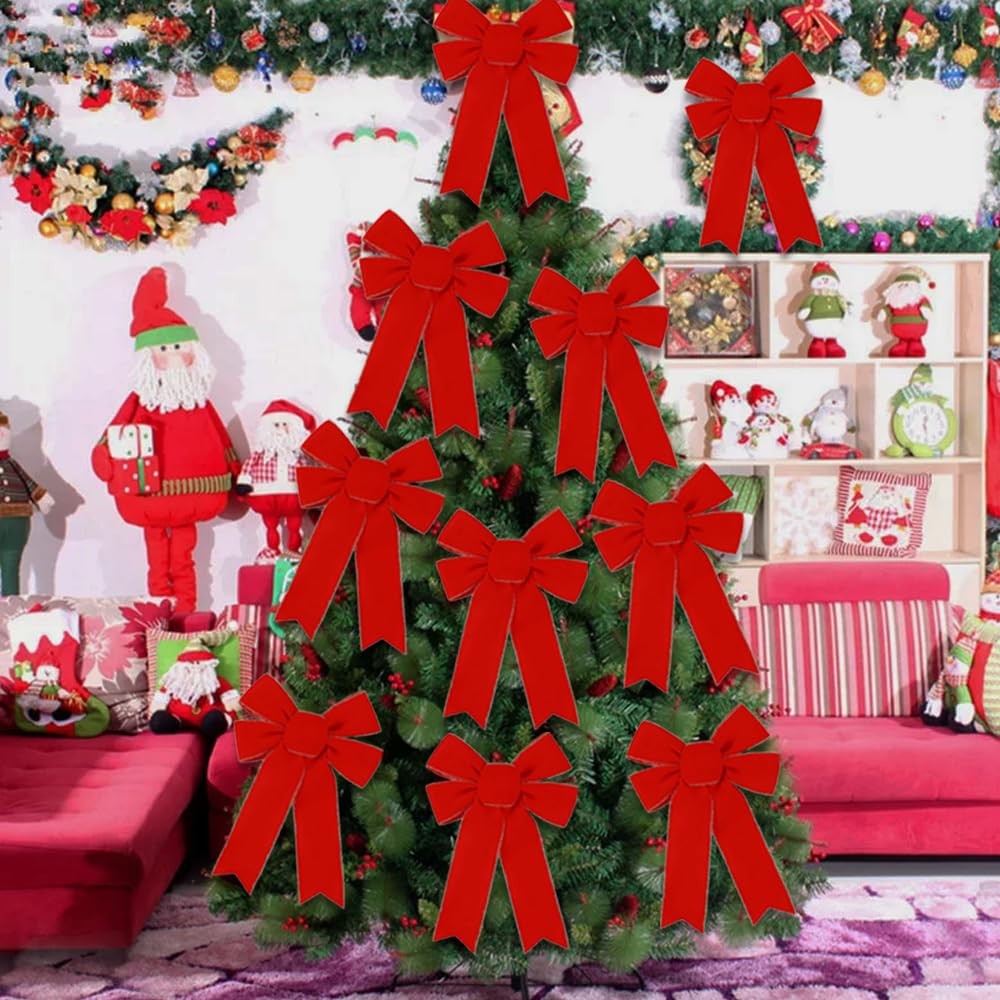 10PCS Christmas Red Bows Decorations, 9 x 13 Inches Large Velvet Christmas Tr…
