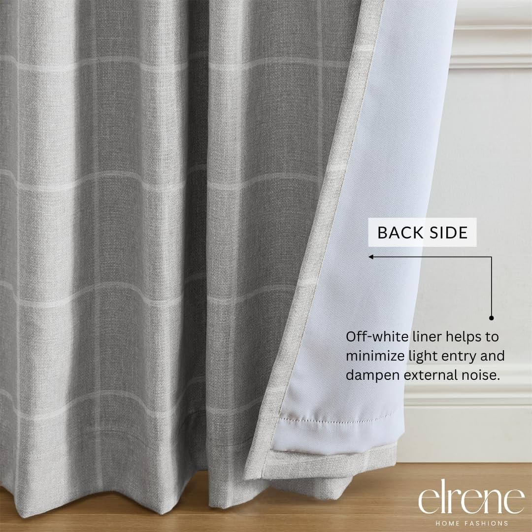 Room Darkening Window Curtain Panel, 52″x95″, Gray Plaid, Rod Pocket/Back Tabs,